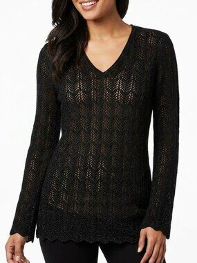 Daisy Fuentes Whimsigoth Pointelle Knit Bell Sleeve V-Neck Scalloped Top XL